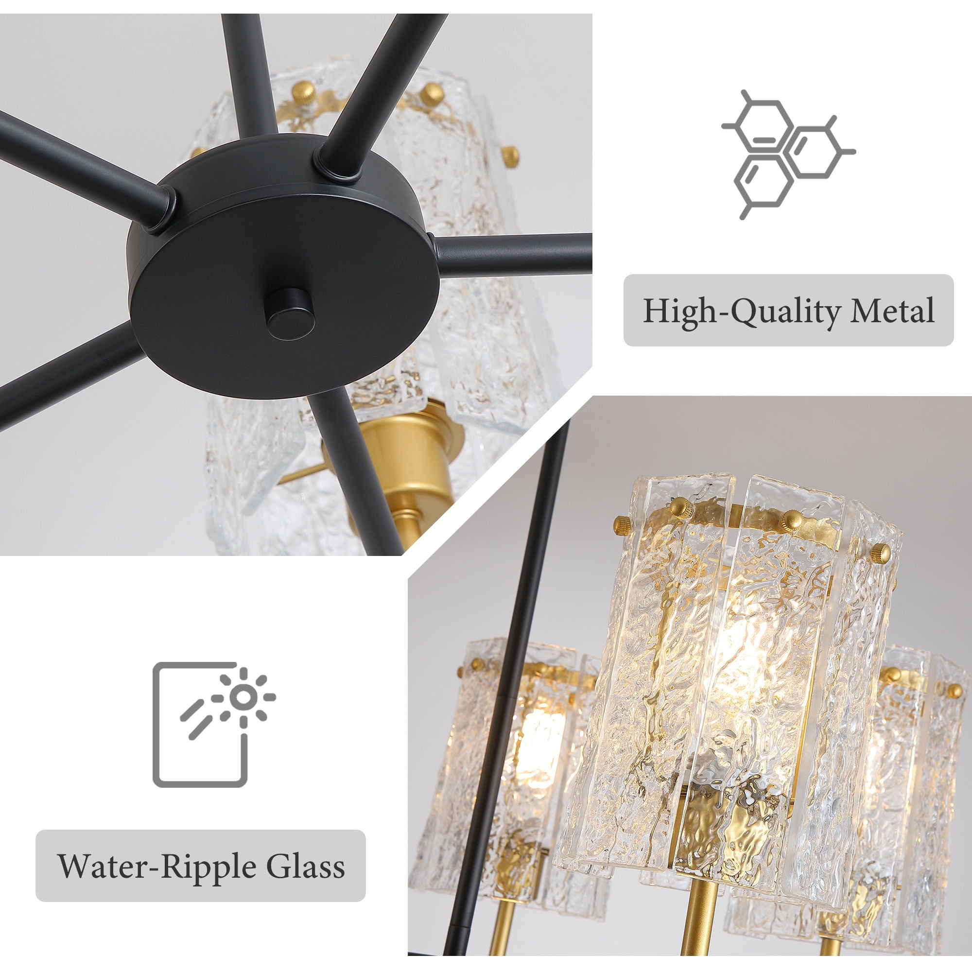 5 Light Chandelier, Textured Glass Pendant Light, (Not Including The Bulb) For Living Room - Black / Gold