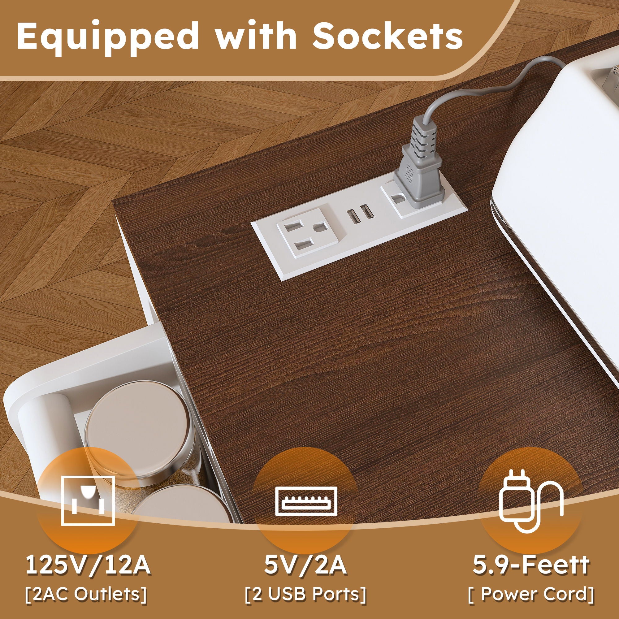 Modern Kitchen Island With Extendable Dining Table & Power Outlet - White