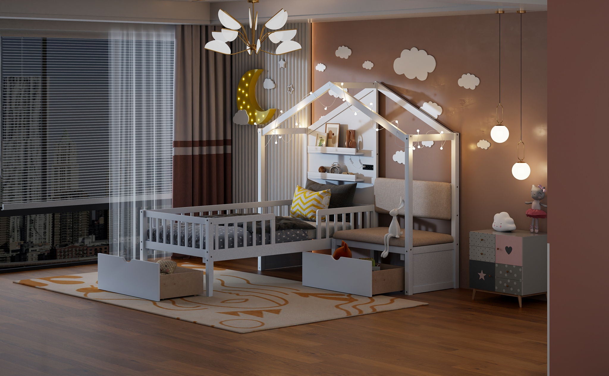 House Bed With Upholstered Sofa, Wireless Charging Station, Shelves And 2 Drawers