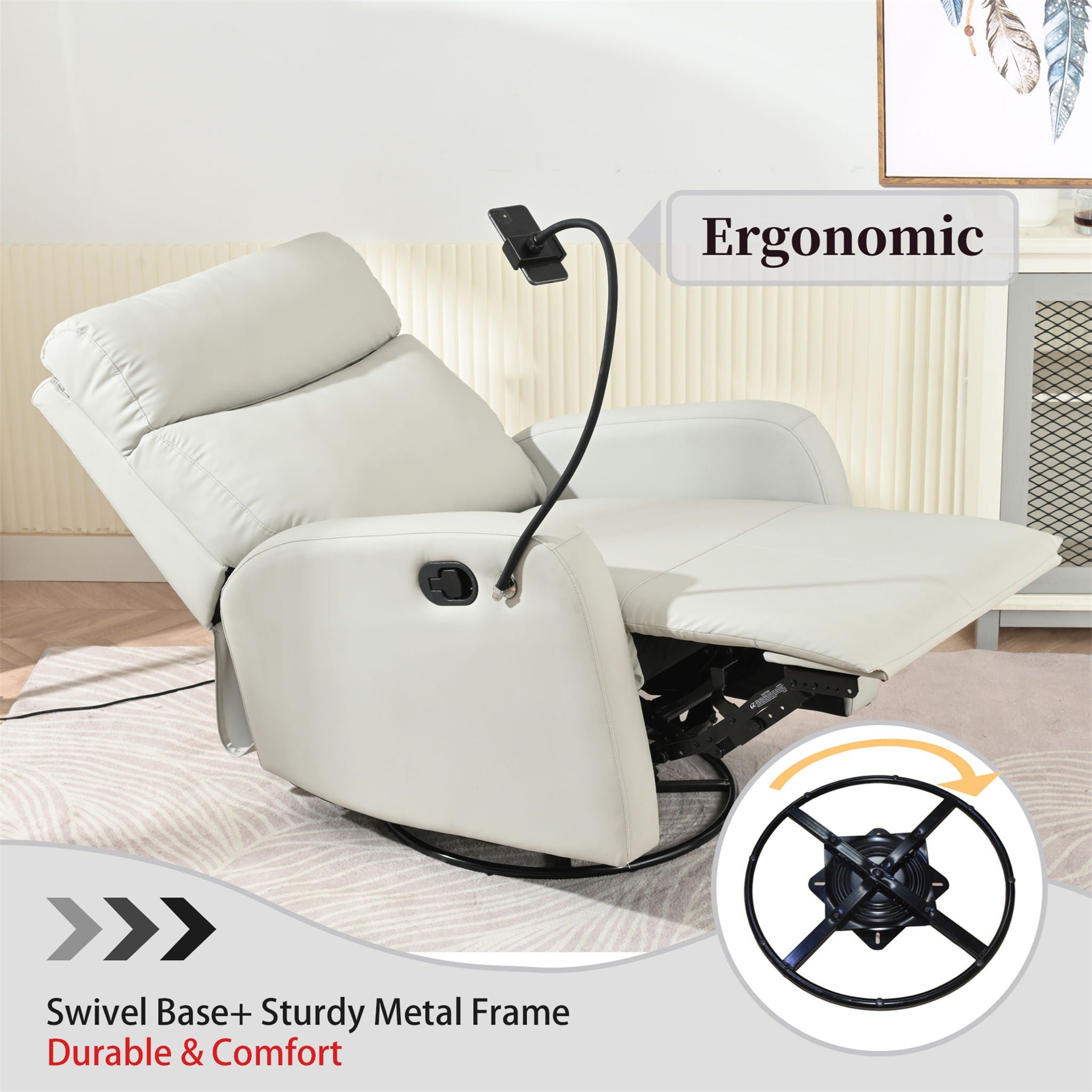 Rocking Recliner Chair, 360 Degree Swivel Nursery Rocking Chair, Glider Chair, Modern Small Rocking Swivel Recliner Chair For Bedroom, Living Room Chair Home Theater Seat, Phone Holder - Light Gray