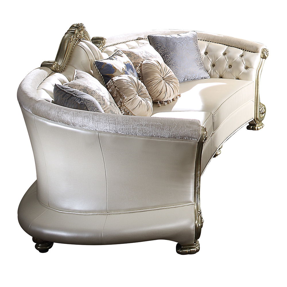 Dresden II - Sofa With 7 Pillows - Pearl Synthetic Leather & Gold Patina