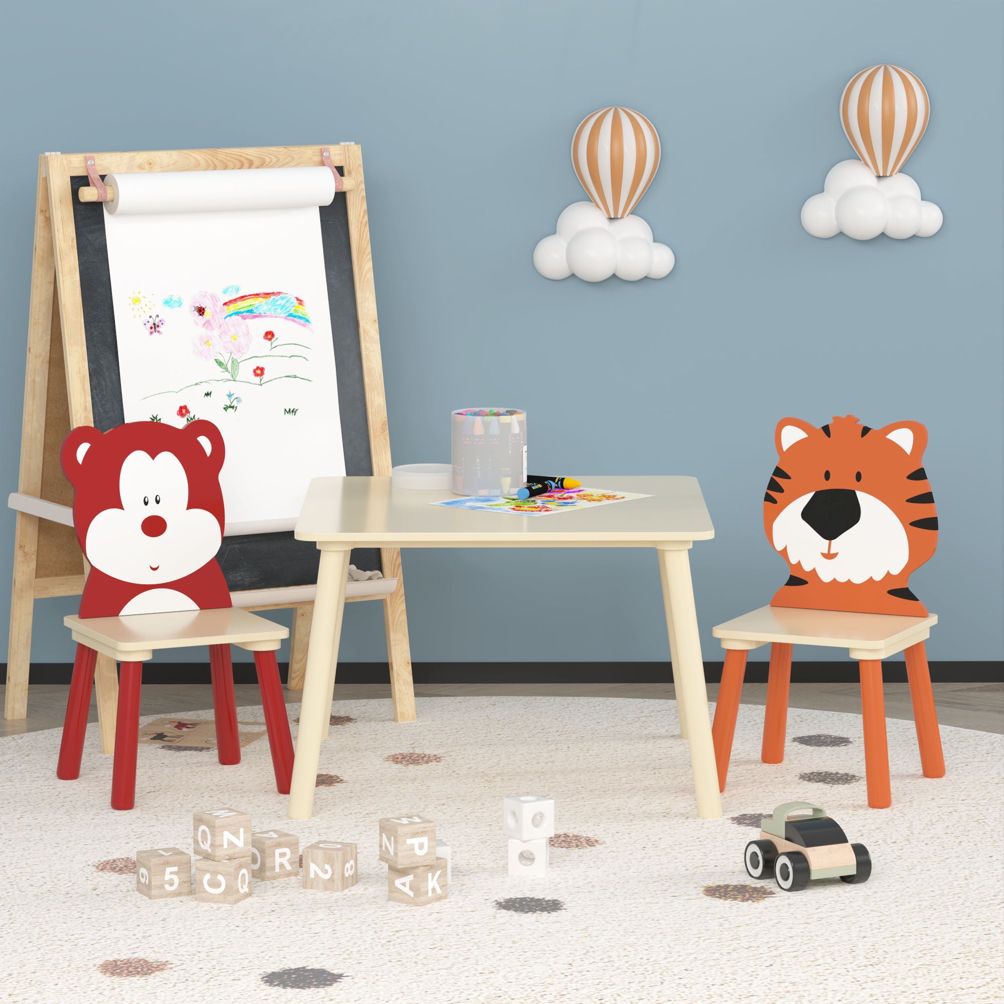 Table And 2 Chairs Set, Activity Play Table Set With Bear & Tiger Design - Natural