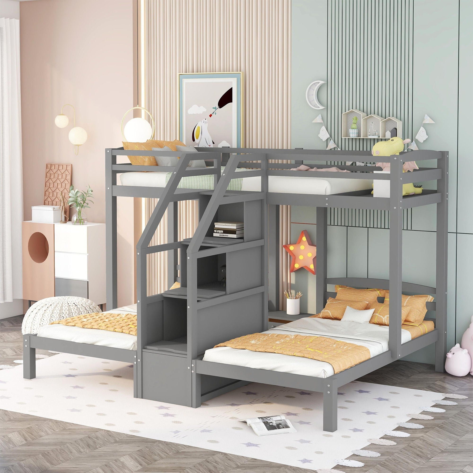 Twin Over Twin & Twin Bunk Bed With Built In Staircase And Storage Drawer - Gray