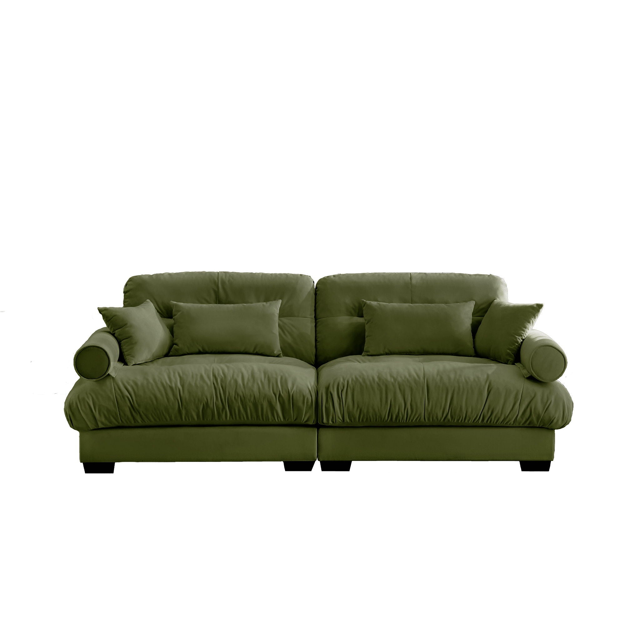 Modern Velvet Sofa With Bolstered Armrests And Pillows