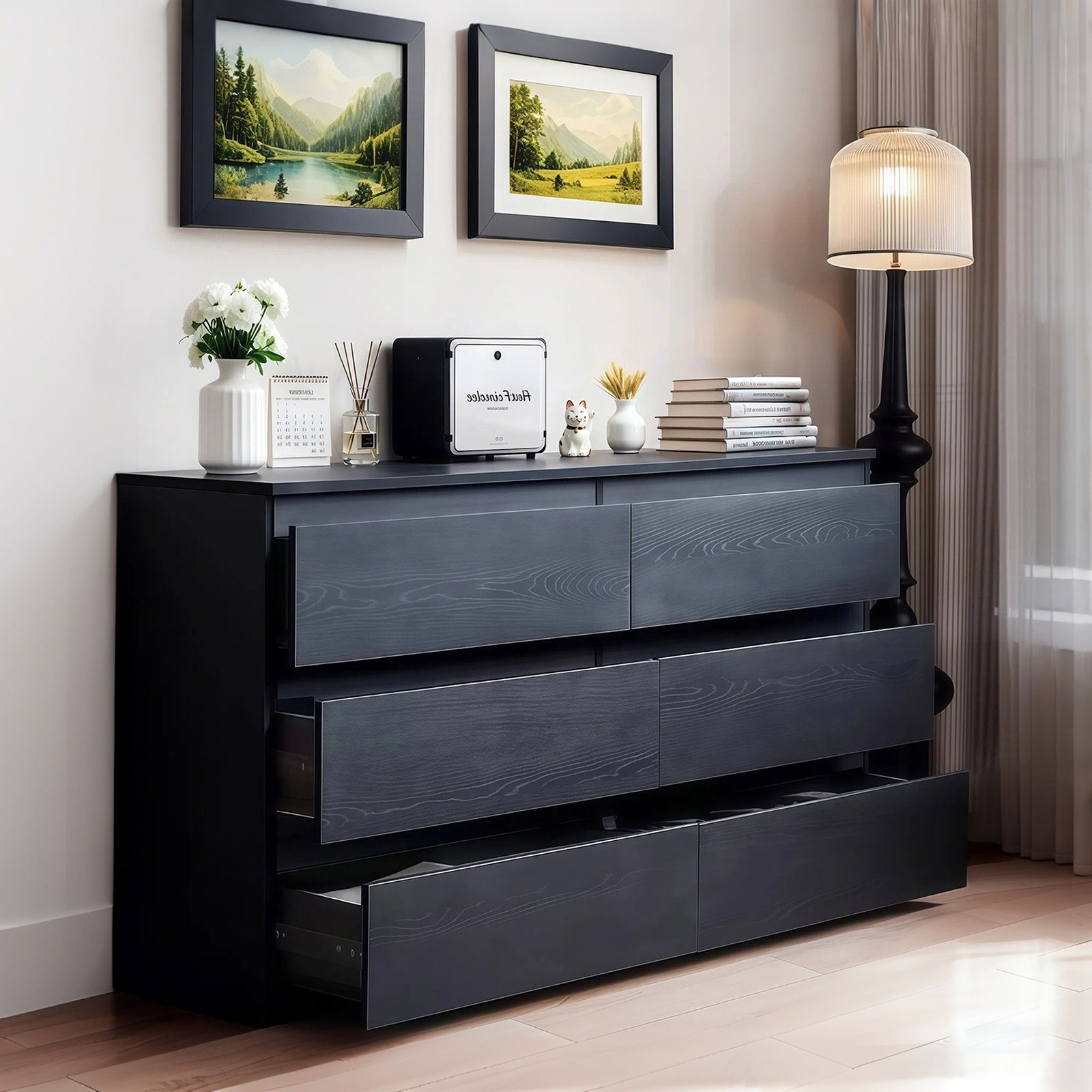6 Drawer Dresser With Spacious Countertop And Concealed Handles