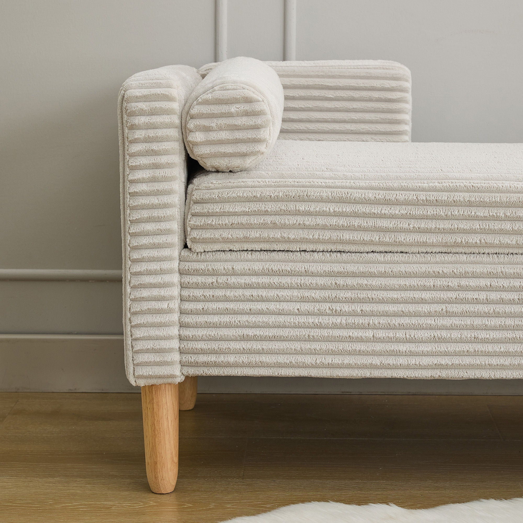 Wide Corduroy Storage Soft Bench With Armrests, Backrest And Two Bolster Pillows