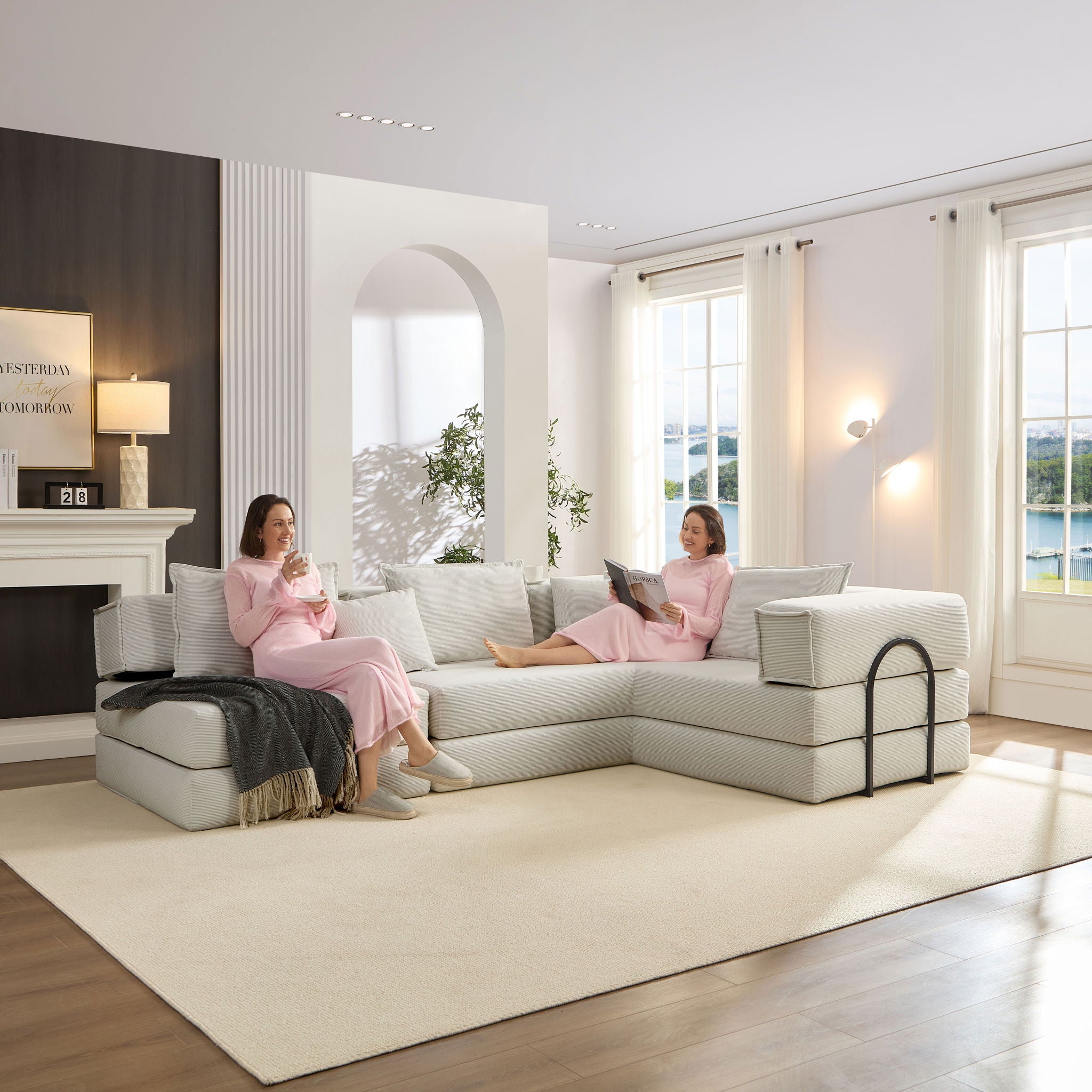 Modular L Shaped Floor Living Room Sofa Set With 6 Pillows