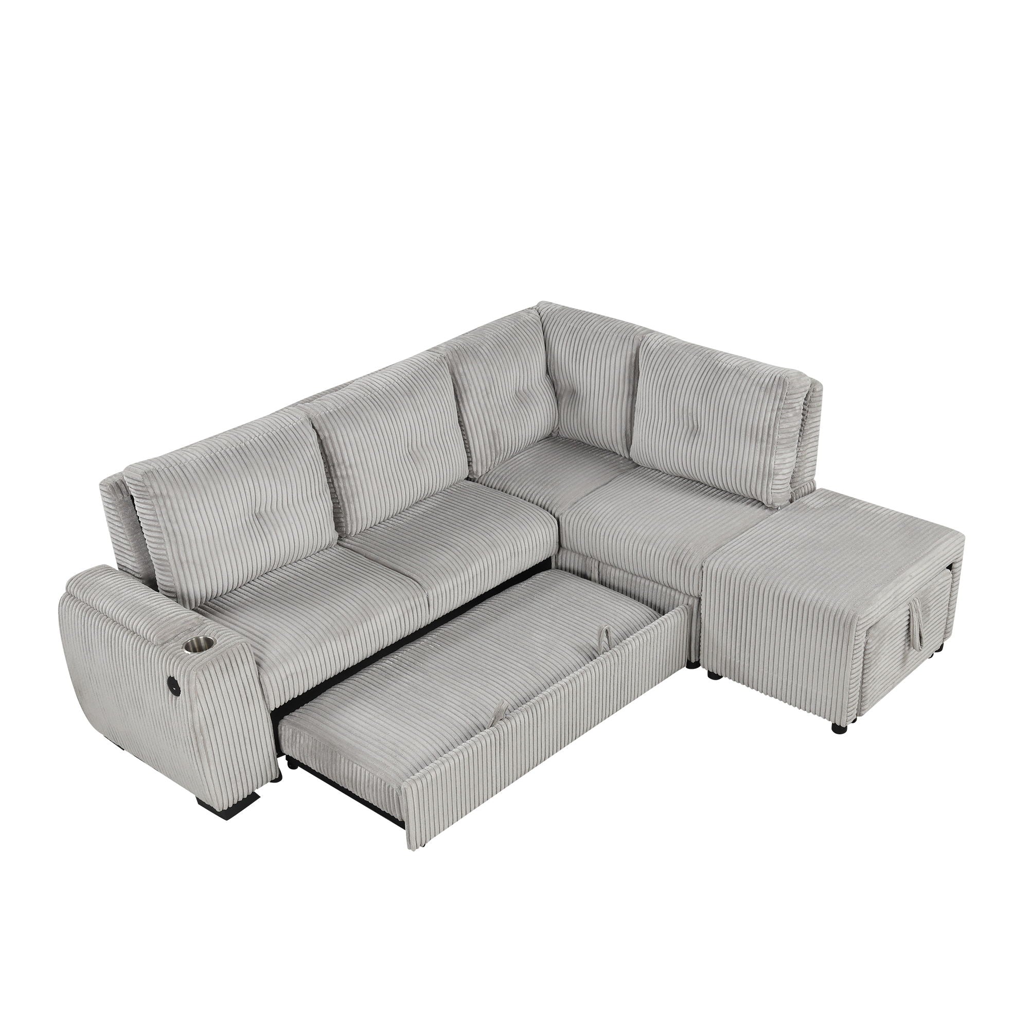 Pull-Out L-Shaped Sectional Sofa With Movable Ottoman And Stool, Large Storage Space, A Cup Holder, And 2 USB Ports For Living Room