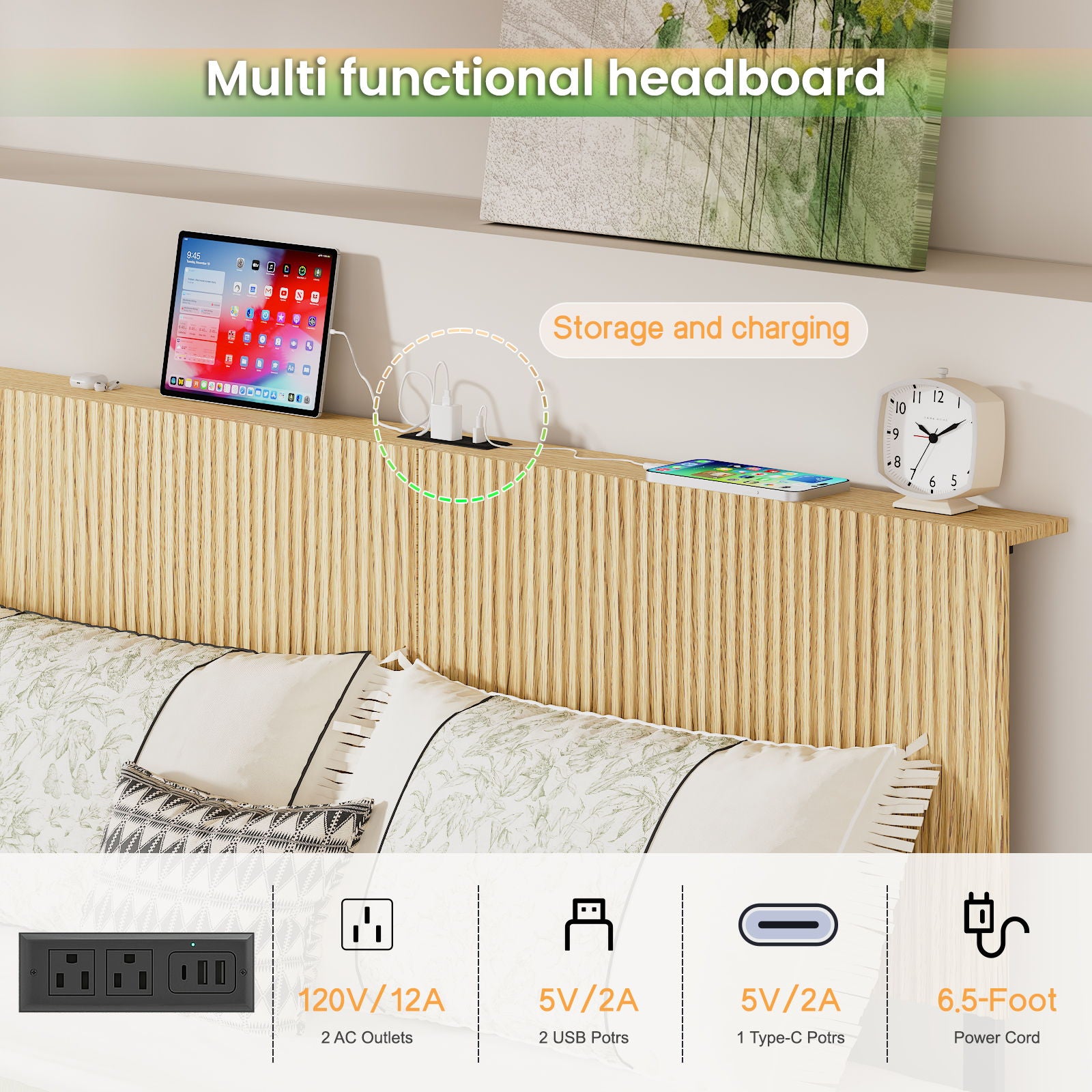 Floating Bedstead With Charging Station And LED Lights