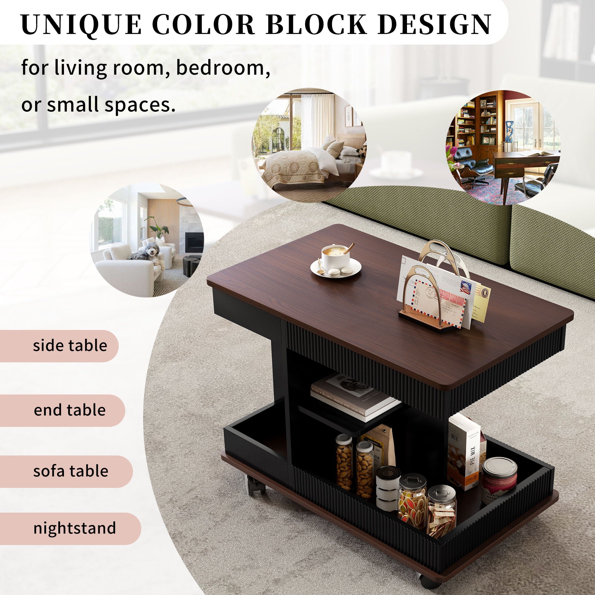 Adjustable End Table With Wheels, 360°Rotating Top And Storage Space