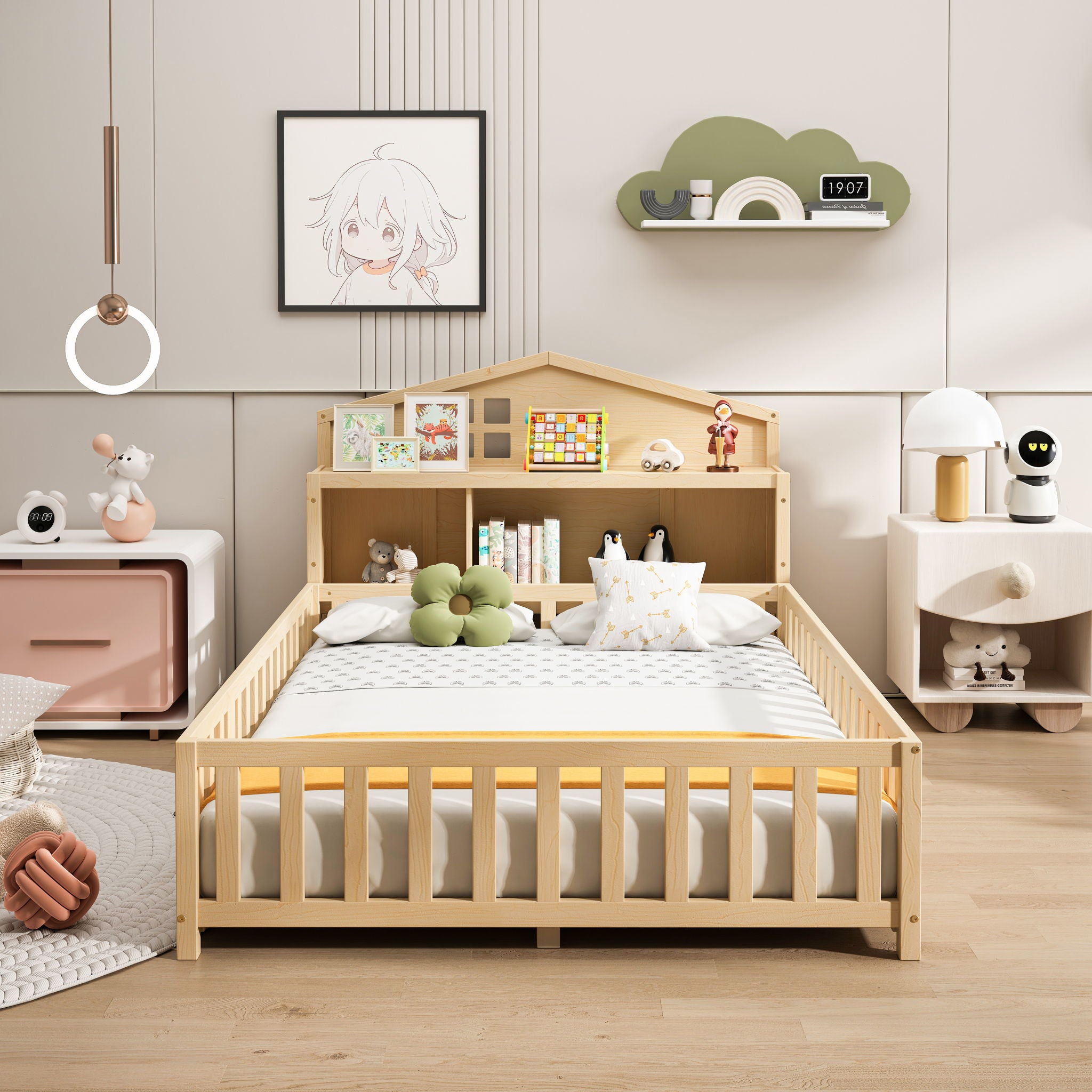Full Size Montessori Floor Bed With Bookcases And boards, Solid Wood Platform Bed With Guard Rails And Storage Headboards - Natural