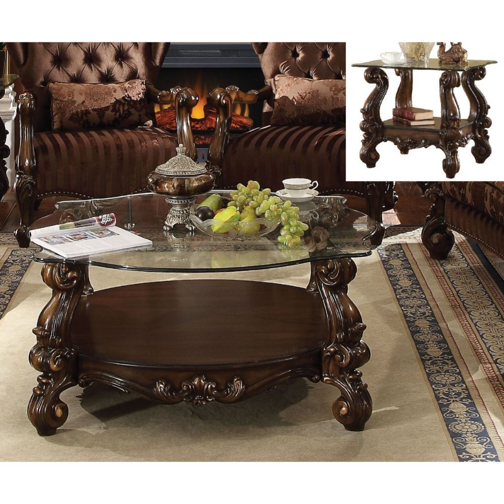 KD, Coffee Table w/Curved Glass Top • Open Compartment: Bottom Shelf • 10mm Clear Tempered Glass w/Beveled • Oversized Scrolled Legs & Shelf Apron: Poly Resin with Antique Finish.