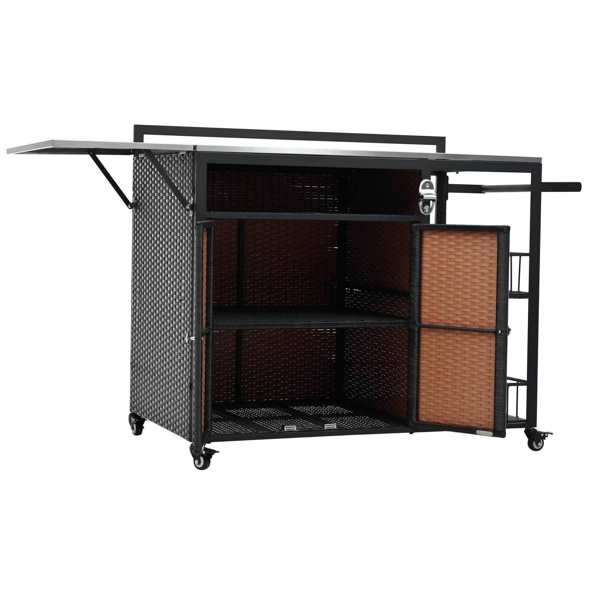 Outdoor Kitchen Island With Storage, Cooking Station, Grill Cart, Foldable Tabletop, And Bottle Opener - Dark Brown