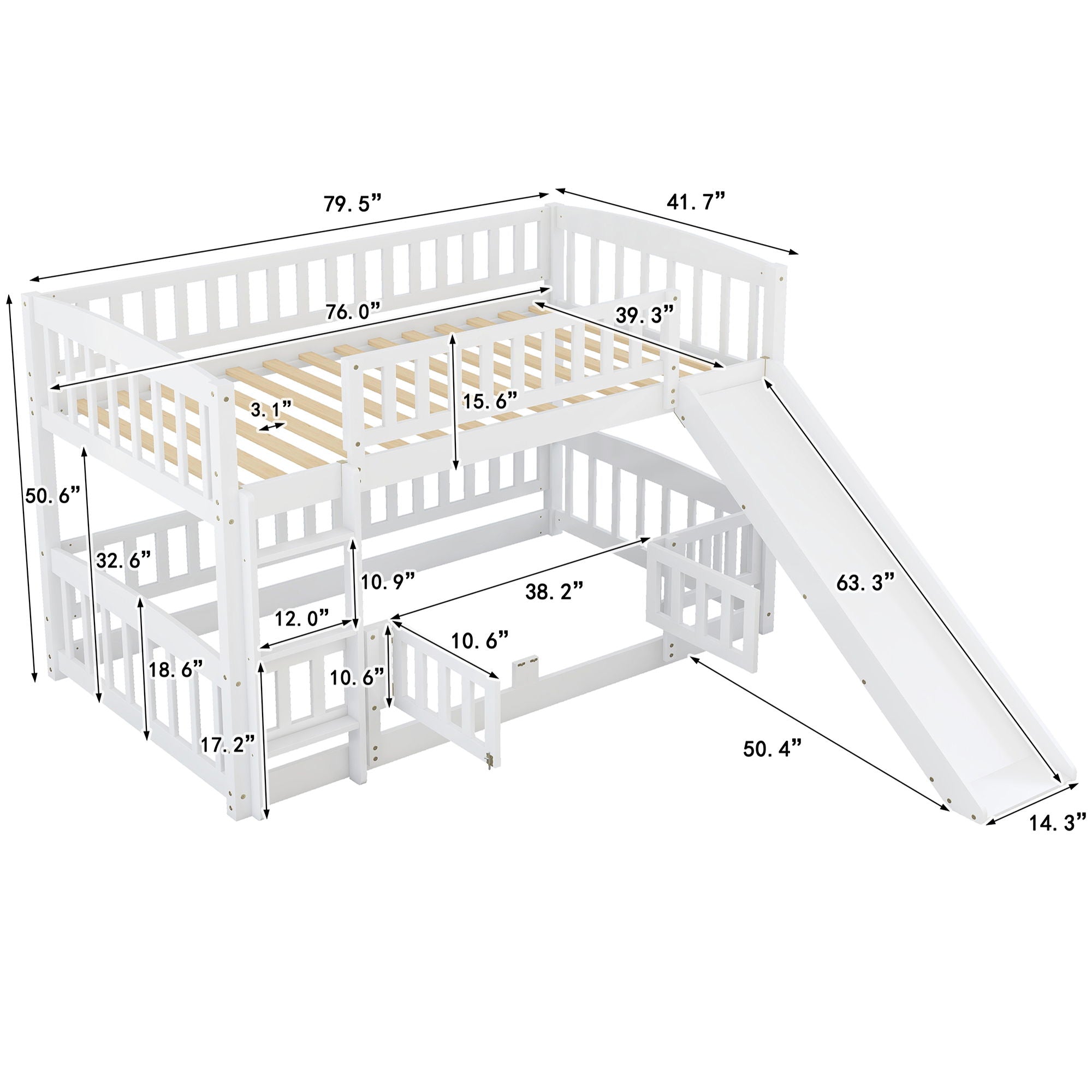 Low Bunk Bed With Slide, Fence And Ladder