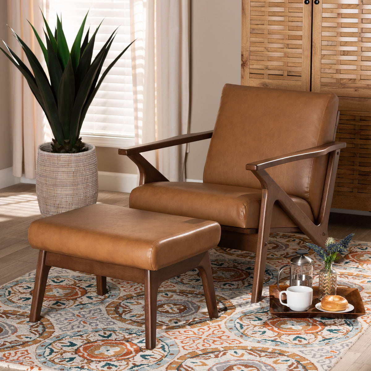 Bianca Mid-Century Modern Walnut Brown Finished Wood and Tan Faux Leather Effect 2-Piece Lounge chair and Ottoman Set