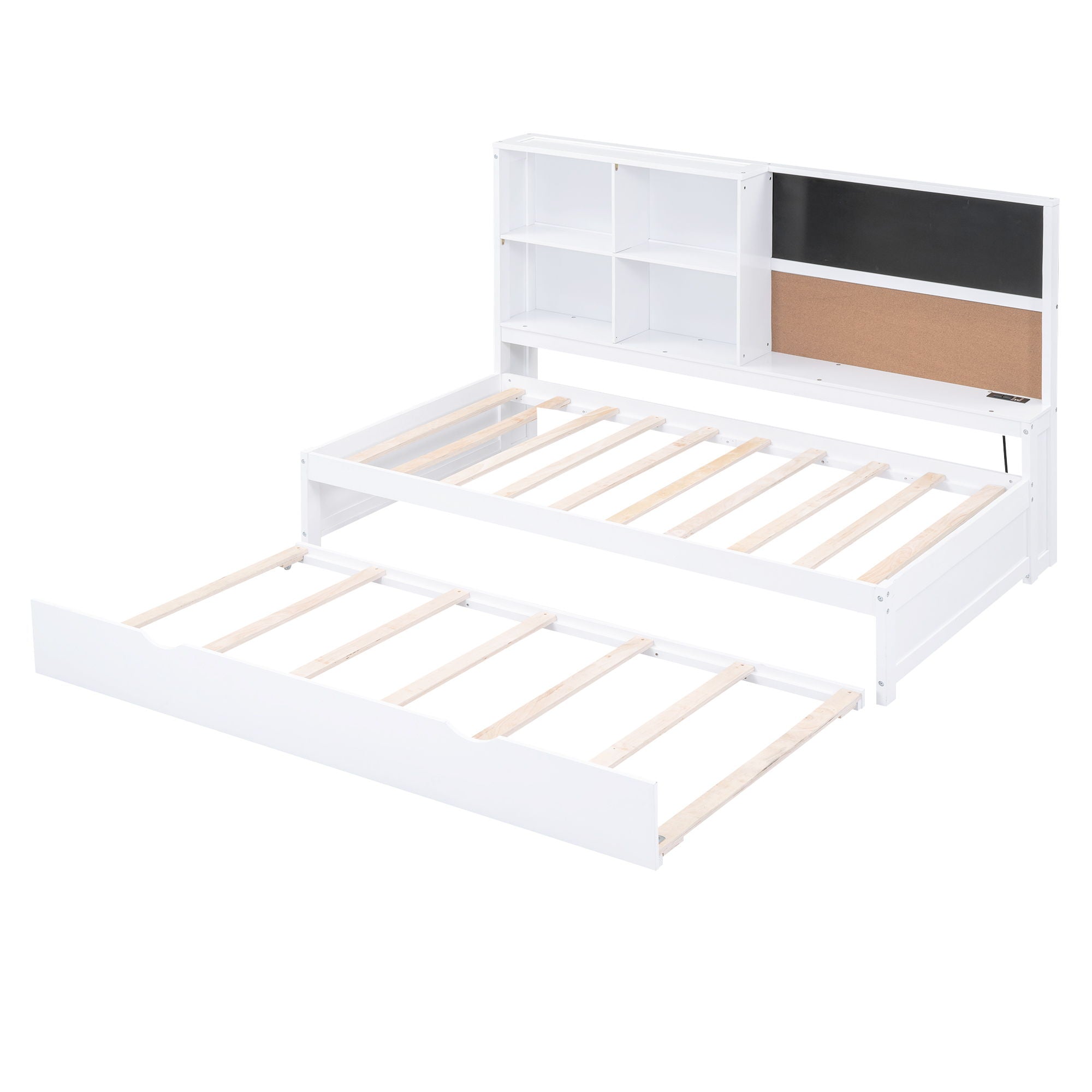 Twin Size Daybed With Storage Shelvesboard, Cork Board, USB Ports And Trundle - White