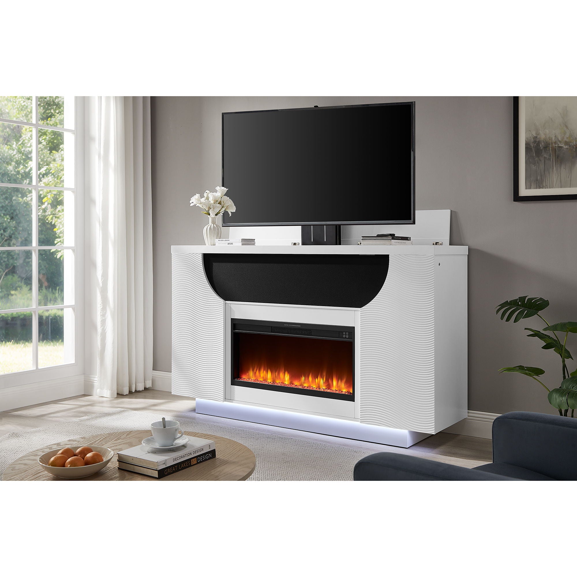 Aurora - Fireplace TV Lift With Adjustable Temperature And LED Colors - White