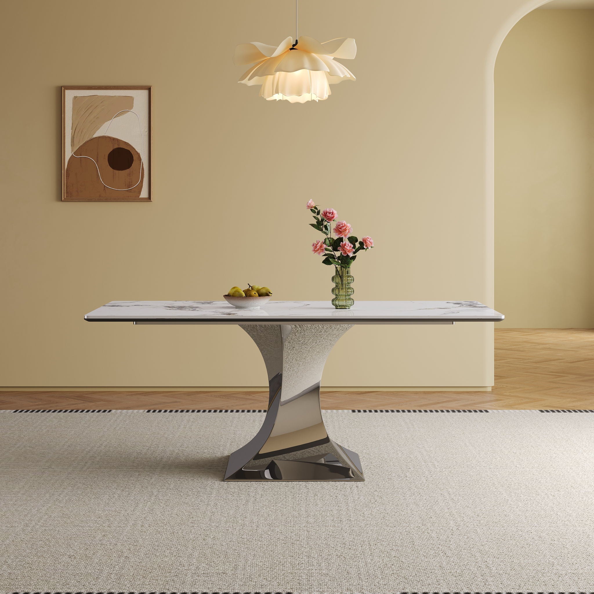 Modern Rectangular Dining Table For 6 - 8, Plated Hourglass Base
