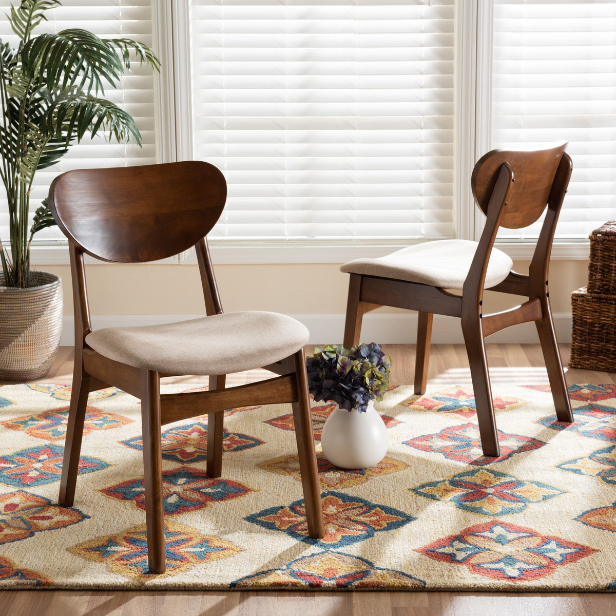 Katya Mid-Century Modern Sand Fabric Upholstered and Walnut Brown Finished Wood 2-Piece Dining Chair Set