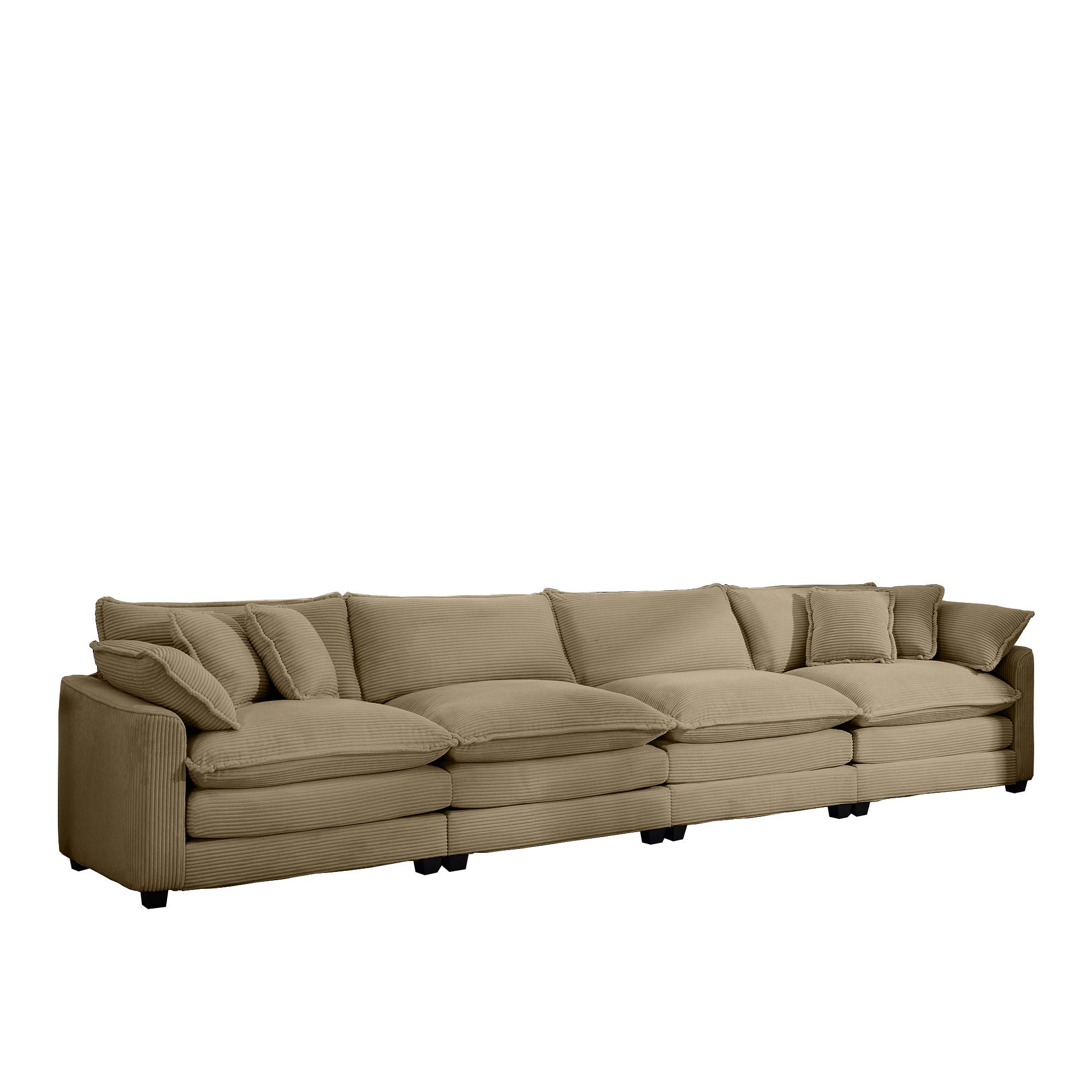 Modern Upholstered 4 Seater Corduroy Fabric Sofa With Arm And Throw Pillows