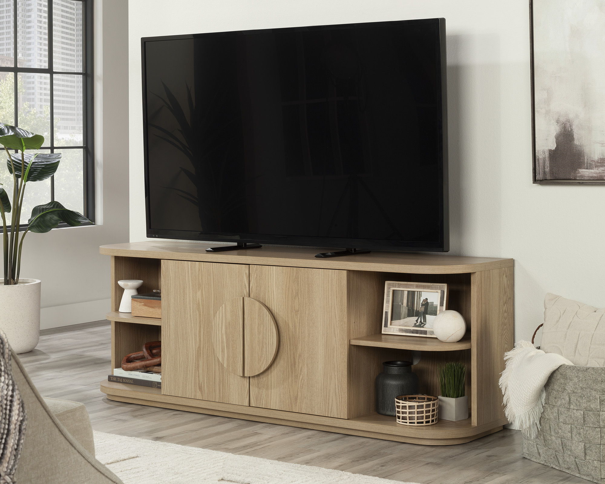 Modern TV Credenza with Doors in Harmony Ash