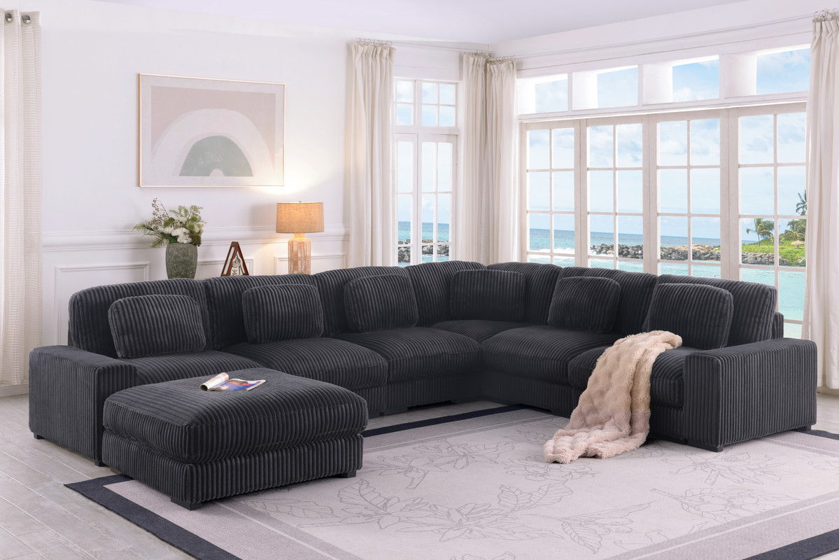 Sloane 151"W Charcoal Corduroy Fabric Reversible L-Shape Modular Sectional Sofa with Ottoman