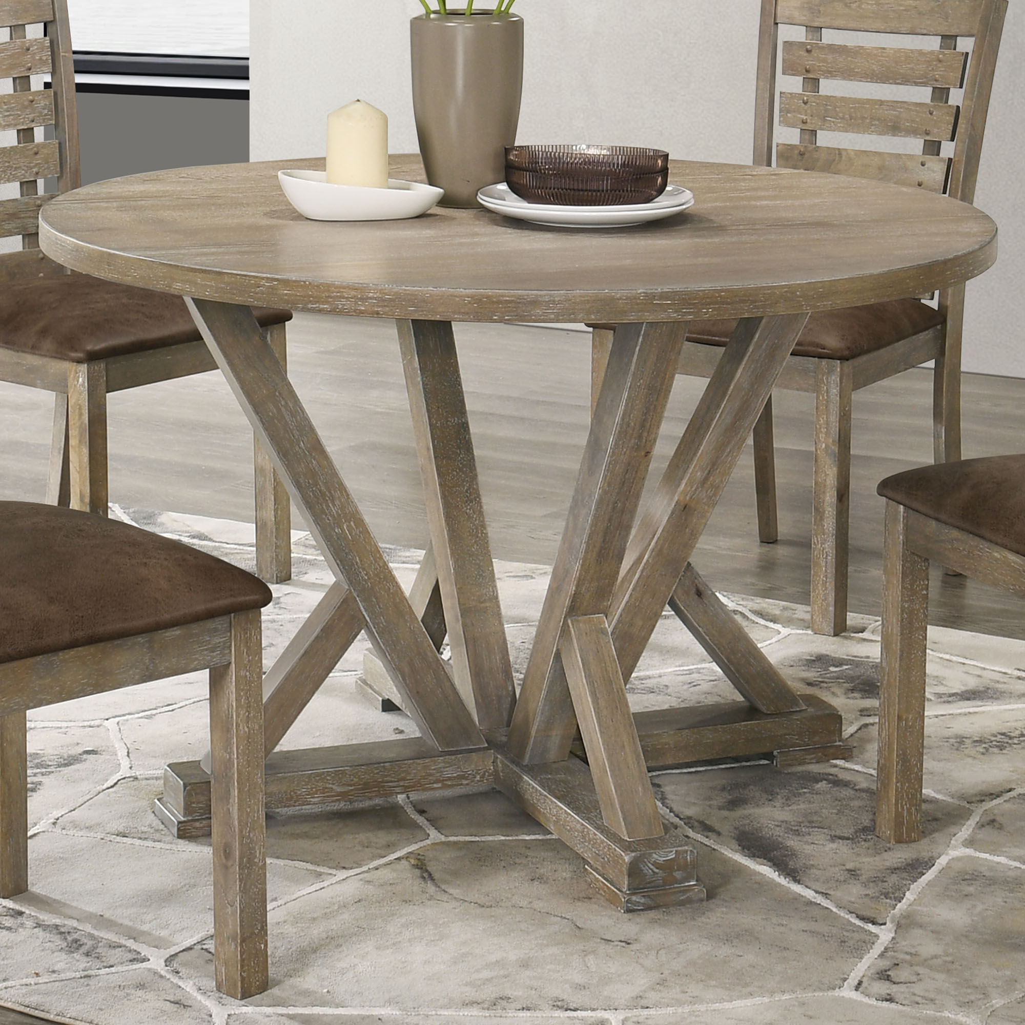 Modern Farmhouse Round Dining Table Solid Wood Rubberwood Antique Finishing Rustic Look Distressed Look Wire Brushed For 4 Seaters - Grayish Brown