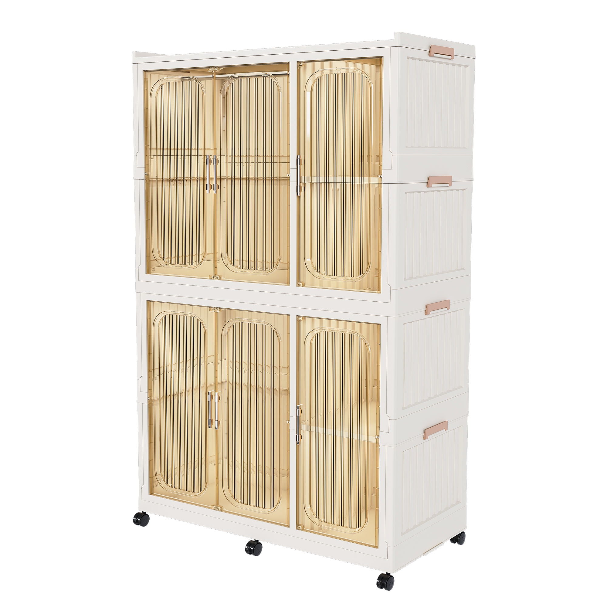 Portable Wardrobe Closet Storage Organizer For Clothes, 6 Magnetic Doors With 6 Cubes & 2 Hanging Rods, 6 Hangers - Cream White