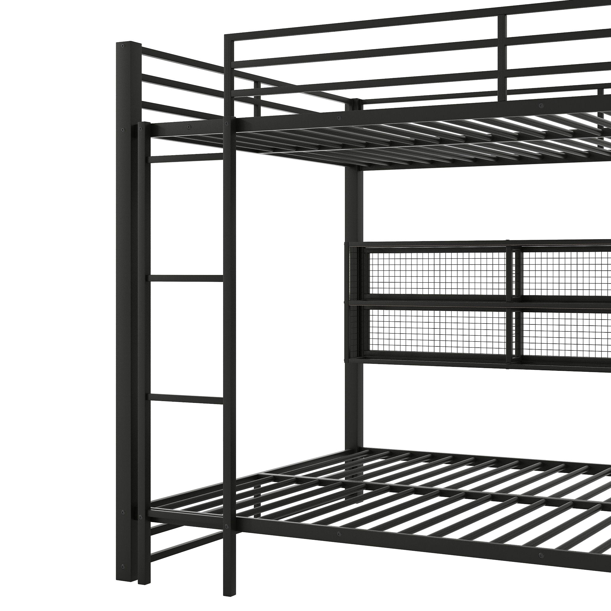 Queen Over Queen Bunk Bed With Storage Cabinets And LED Sturdy Frame, 6 Storage Units, Adjustable LED Lights - Black
