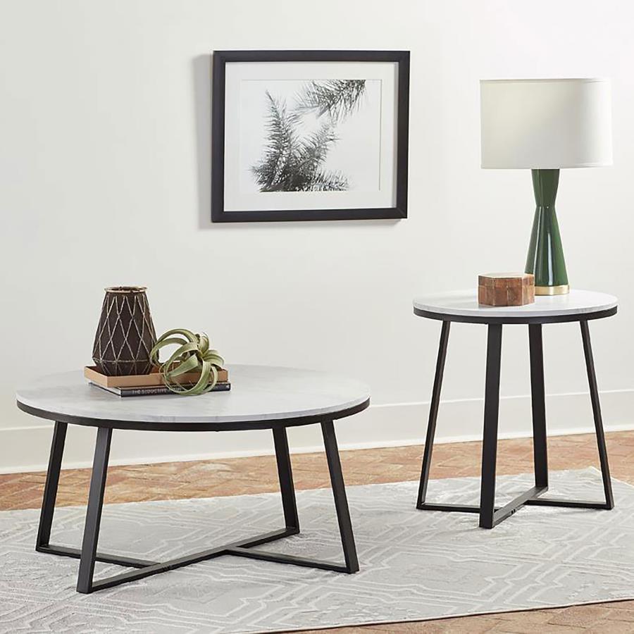 Coaster Fine Furniture Hugo - Round Faux Marble End Table - White And Matte Black | Meri Furniture