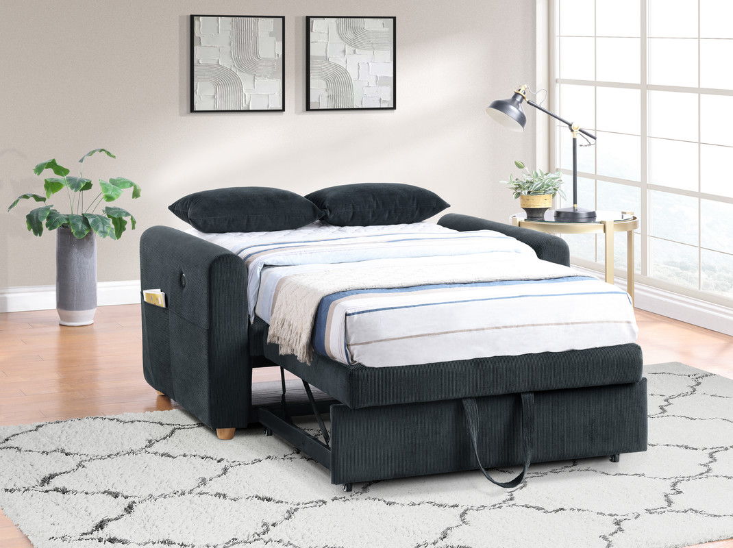 Marielle 55"W Black Corduroy Convertible Sleeper Loveseat with USB Ports, Magazine Pockets, and Pillows