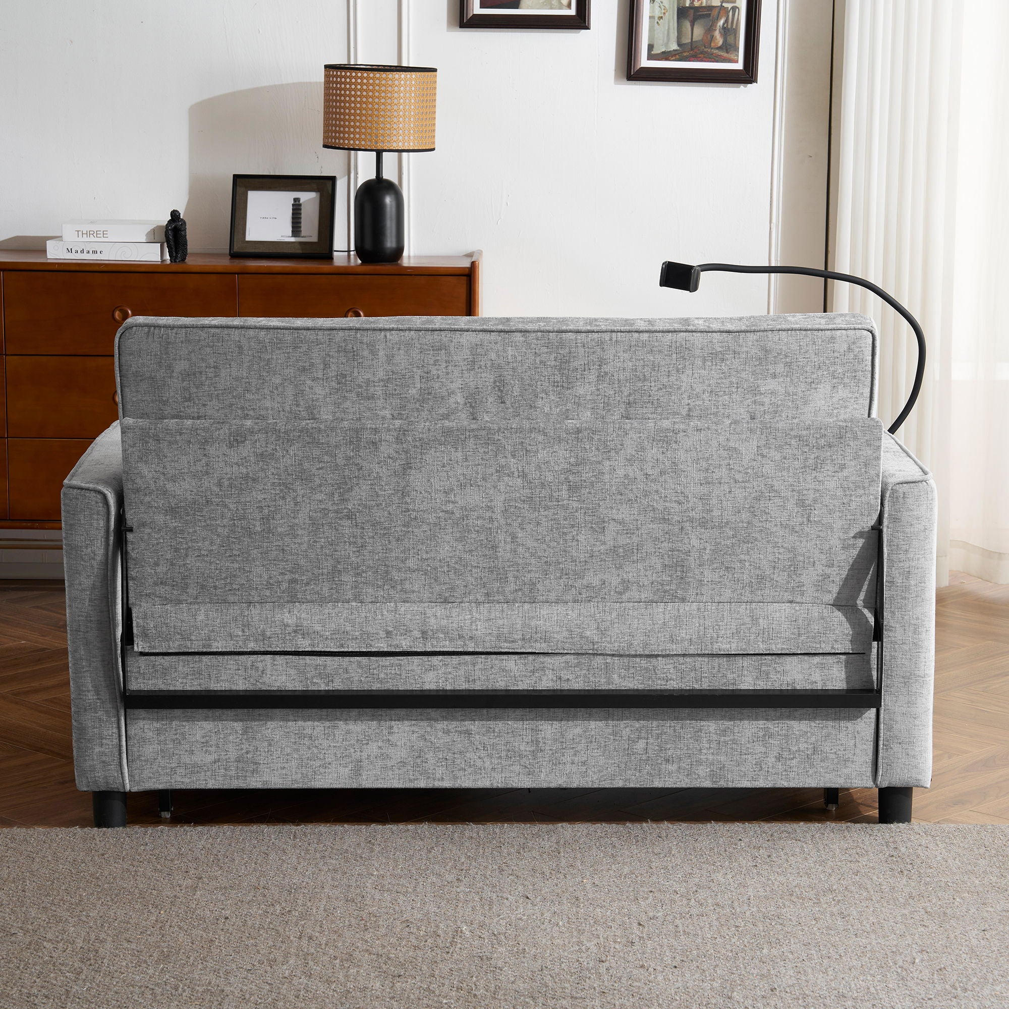 Pull-Out Sleeper Sofa With Reversible Backrest Cushion, Side Pockets, 2 USB Ports And A Phone Holder For Living Room