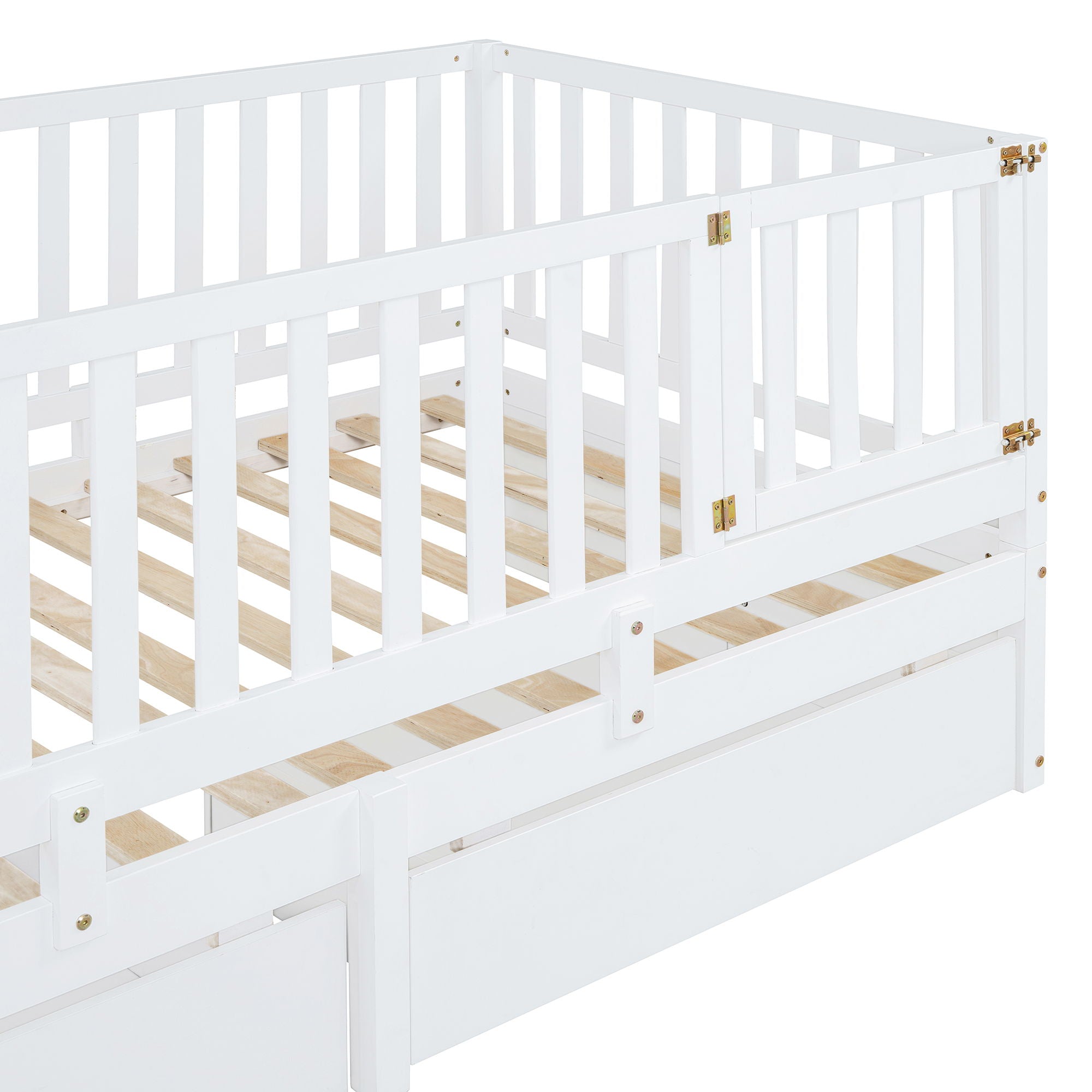 Daybed With Fence Guardrails And 2 Drawers, Split Into Independent Floor Bed & Daybed