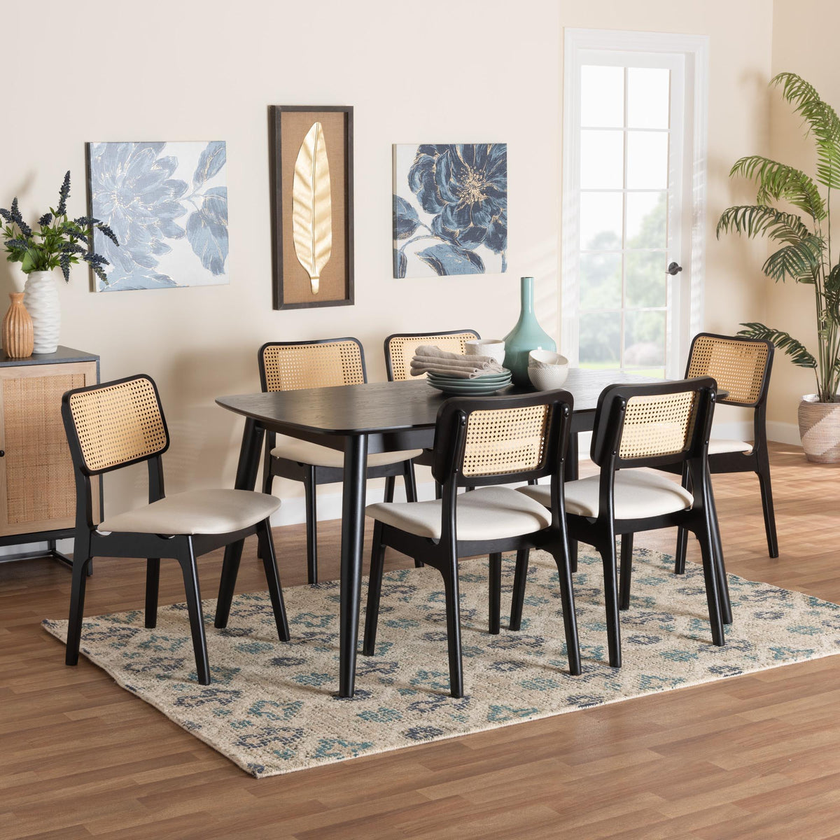 DanNon Mid-Century Modern Cream Fabric and Black Finished Wood 7-Piece Dining Set