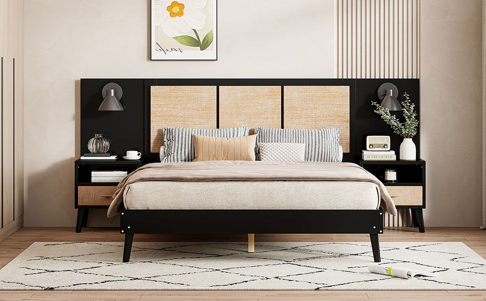 Bed Frame With 2 Nightstands Elegant Design With Lamps