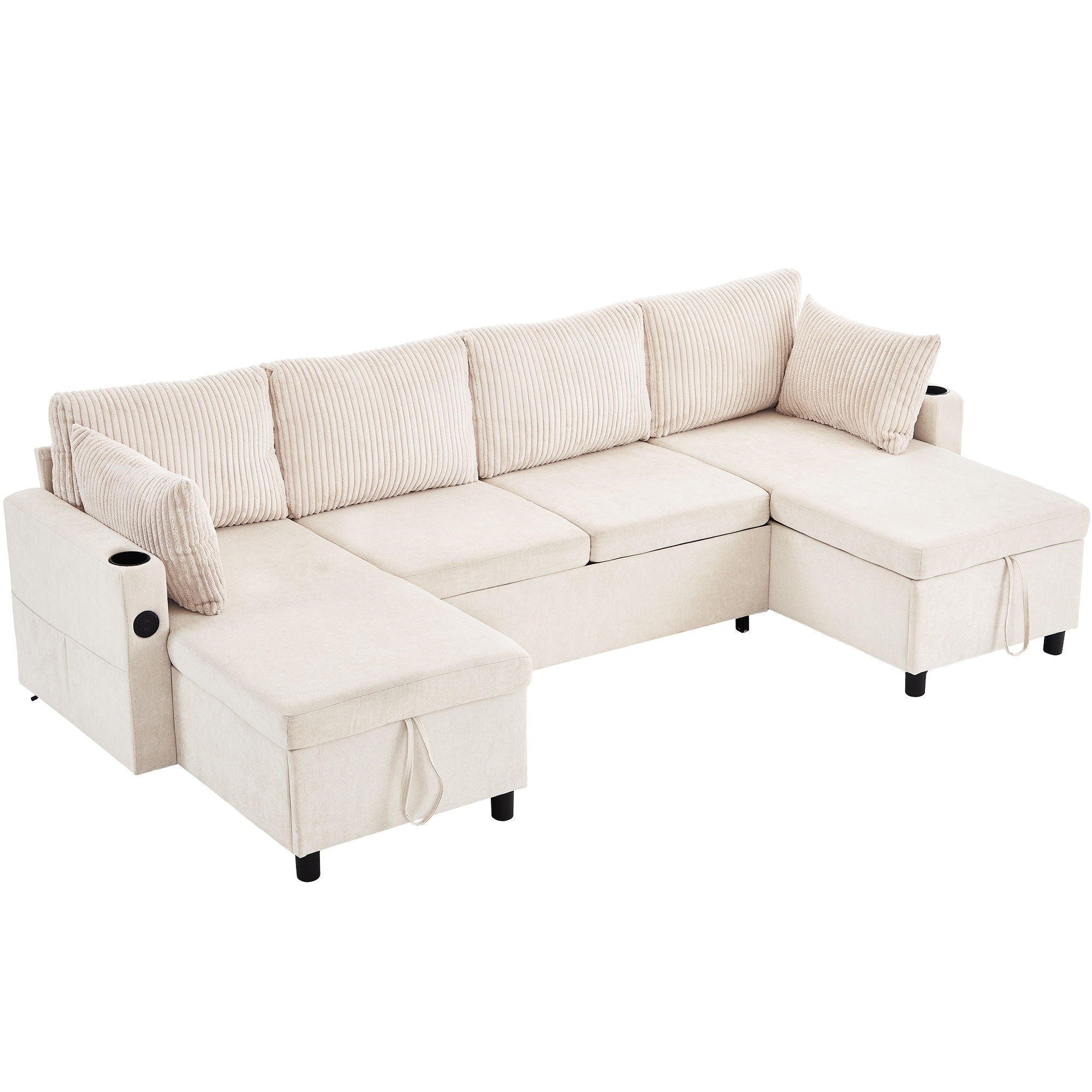Sectional Sofa Bed With Pull Out Sleeper, USB Ports, Cup Holders