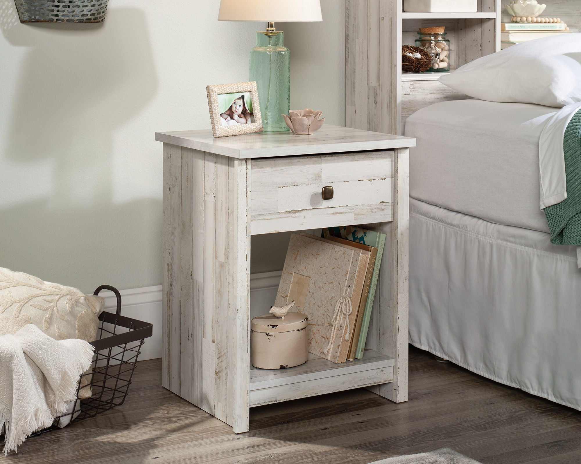 Rustic Night Stand with Drawer in White Plank