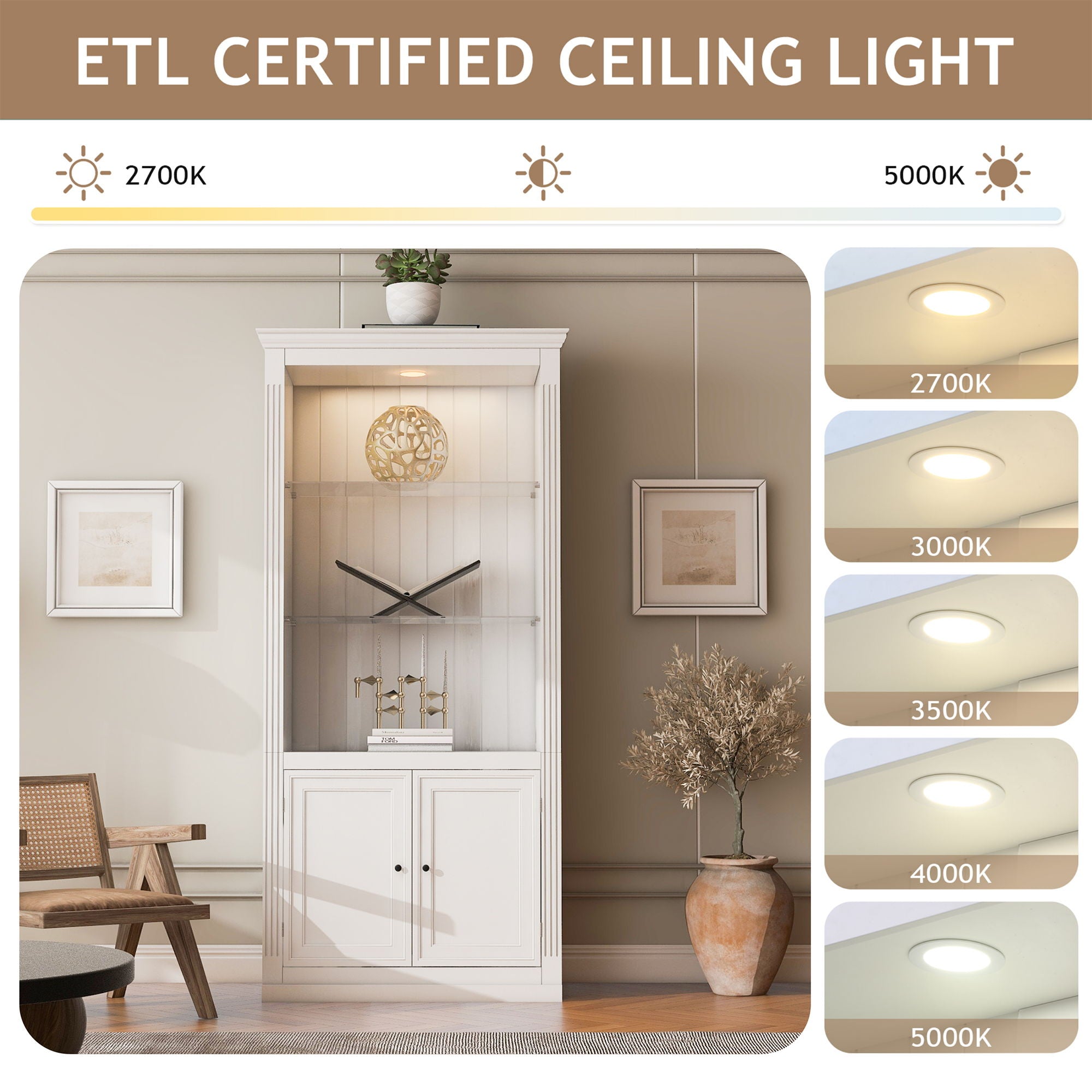 Retro Style Display Bookcase With Adjustable LED Ceiling Light And Tempered Glass Shelves - White