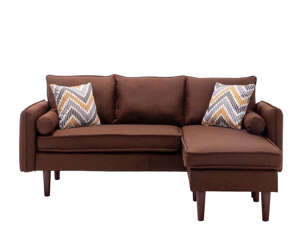Mia 70"W Brown Sectional Sofa Chaise with USB Charger & Pillows