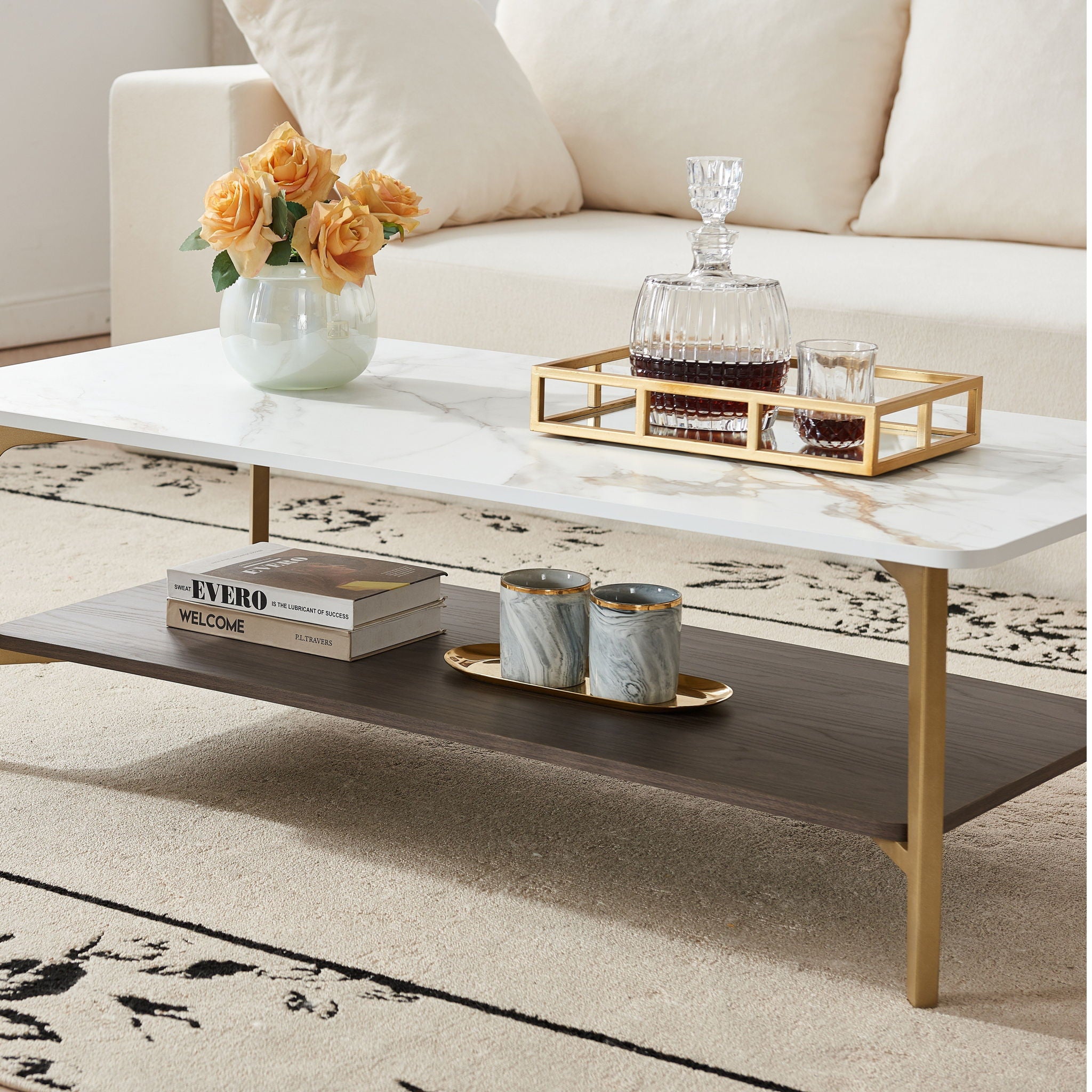 Coffee Table Rectangular Center Table For Living Room Open Space Side Table With Metal Frame - Golden / White