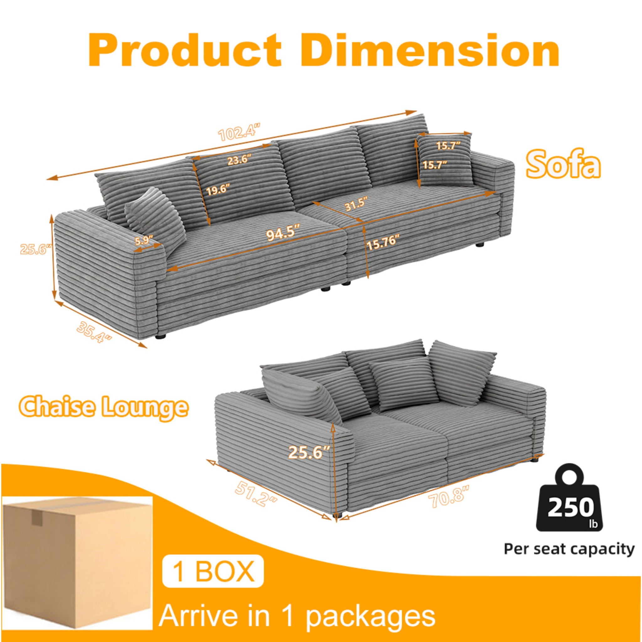 Plush Corduroy 4 Seat Sofa With Soft Pillows And Movable Ottoman