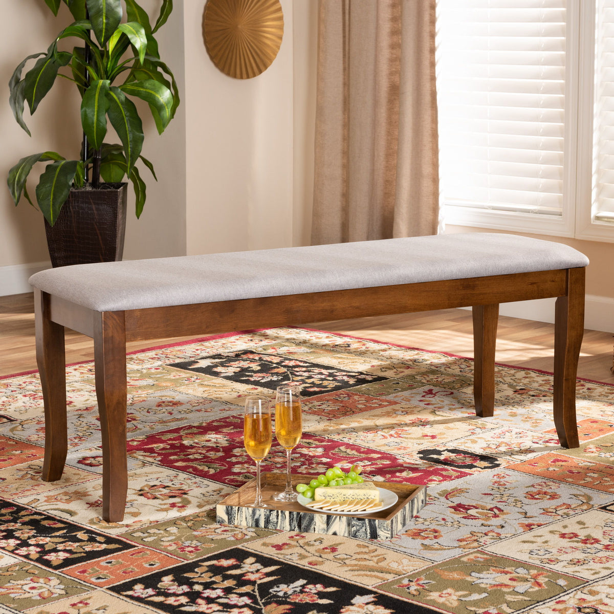 Cornelie Modern and Contemporary Transitional Grey Fabric Upholstered and Walnut Brown Finished Wood Dining Bench
