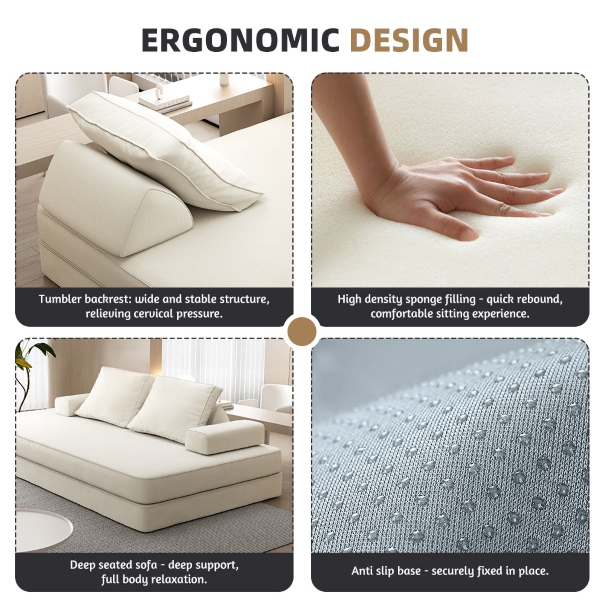 Multifunctional Convertible Sofa Bed With 2 Tumbler Backrests And 2 Pillows, Deep Seat Couch