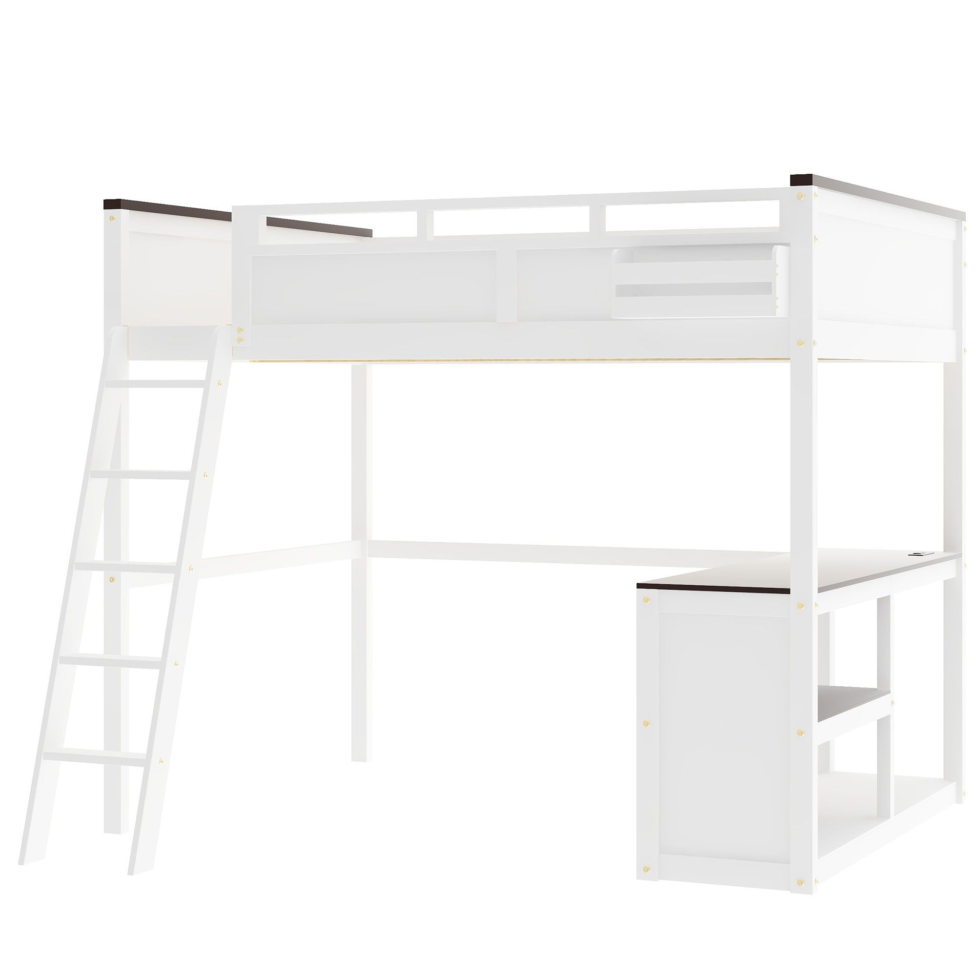 Queen Size Loft Bed With Desk, Open Shelf, Storage Box And USB Charging Station - White