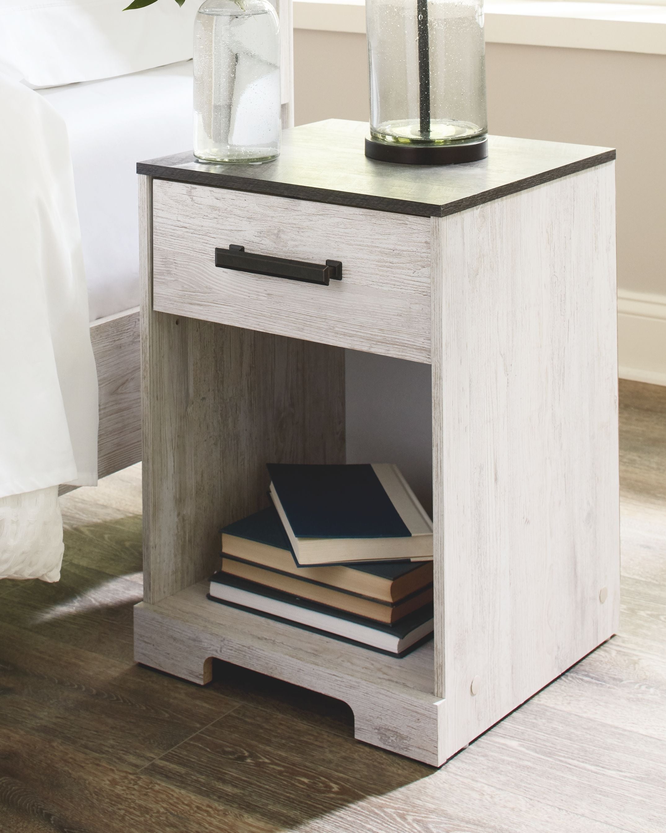 Signature Design by Ashley® Shawburn - Whitewash / Charcoal Gray - One Drawer Night Stand | Meri Furniture