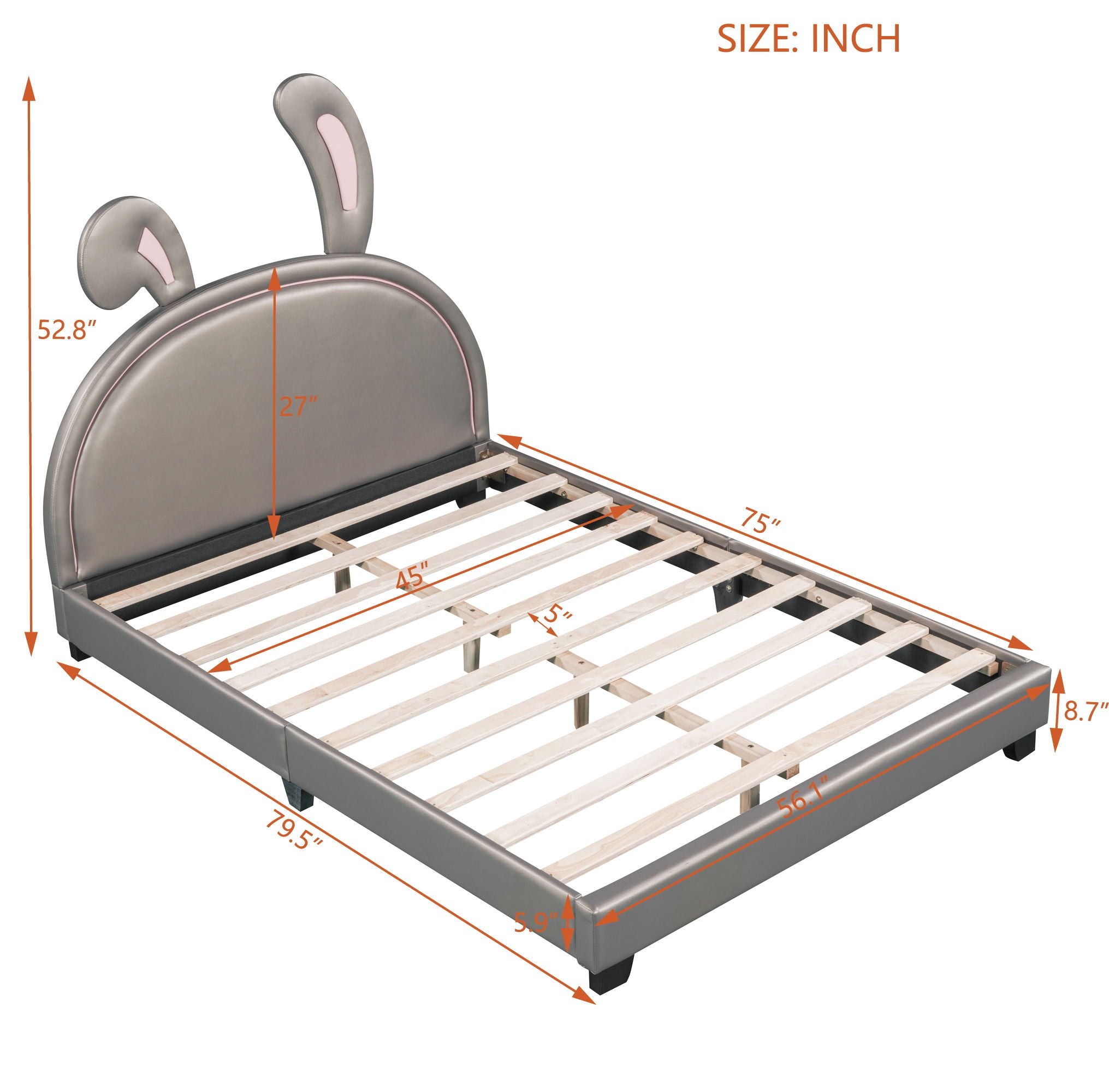 Upholstered Leather Platform Bed With Rabbit Ornament