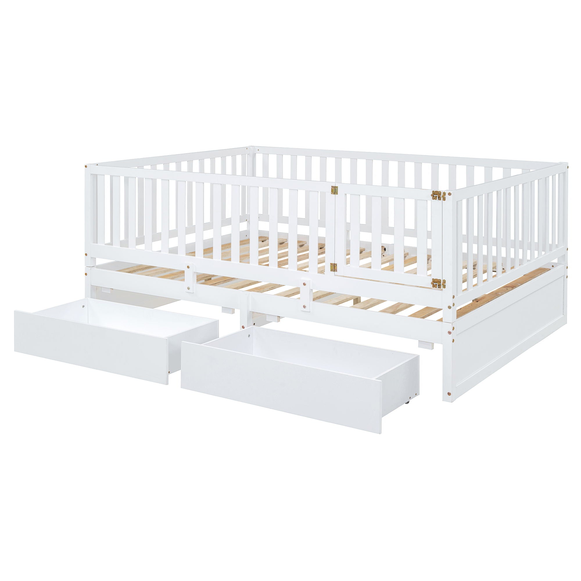 Daybed With Fence Guardrails And 2 Drawers, Split Into Independent Floor Bed & Daybed
