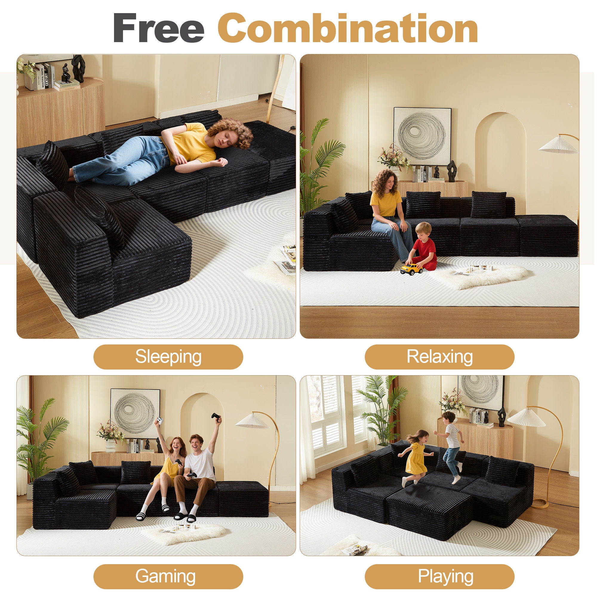 Modular Sectional Couches For Living Room With Deep Seat, L Shape Cloud Sofa Couch, High Density Memory Foam, Boneless Upholstered Couchesy - Black
