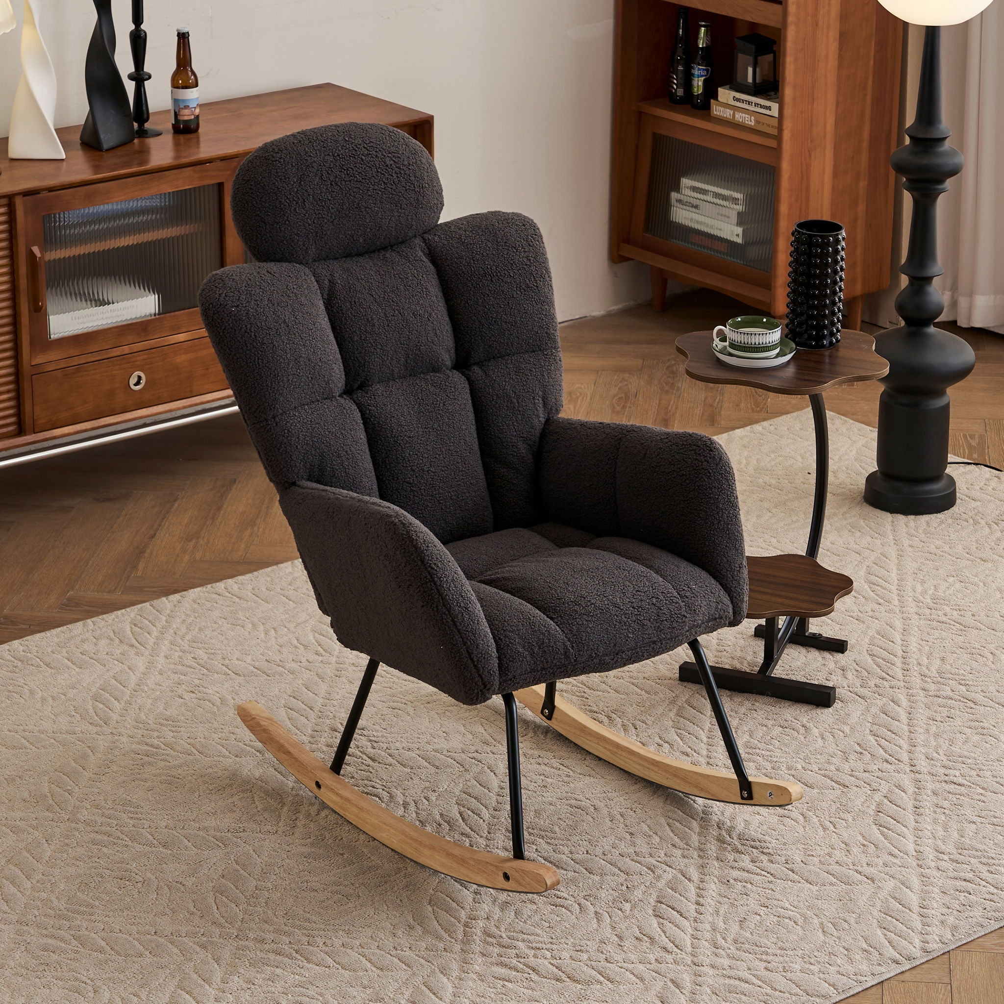 Contemporary Teddy Fabric Upholstered Nursery Rocking Glider Chair With High Backrest And Pillow