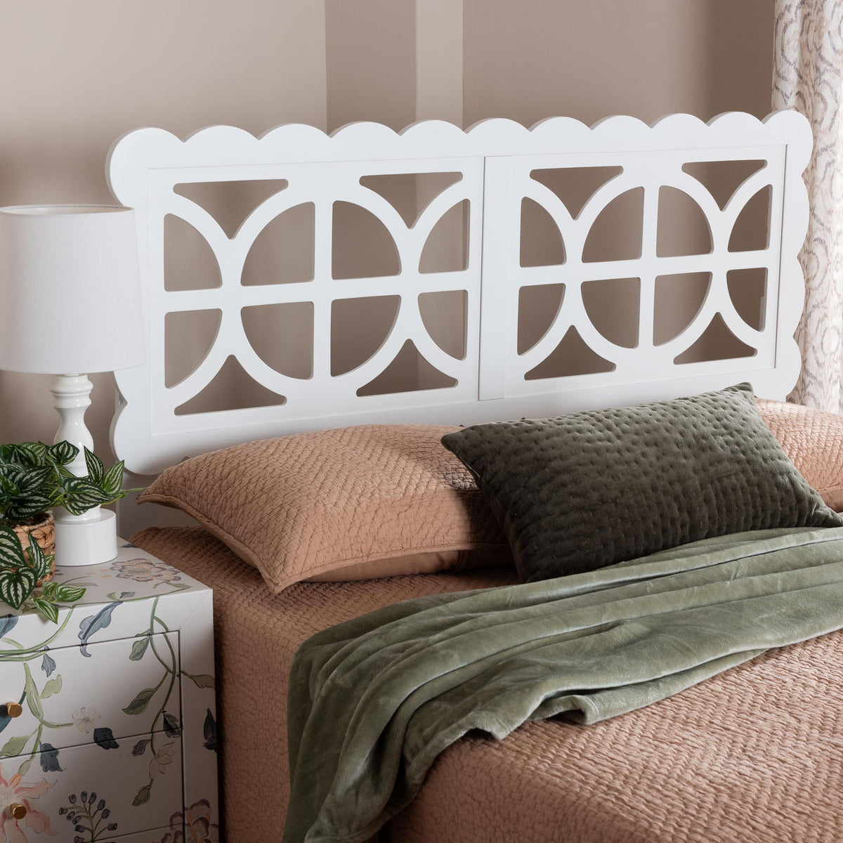 Nansen Wood Headboard with Scalloped Frame - Geometric Cutout Decorative Panel for Bed Frame, Modern Coastal Bedroom Accent with Adjustable Height, Full, White